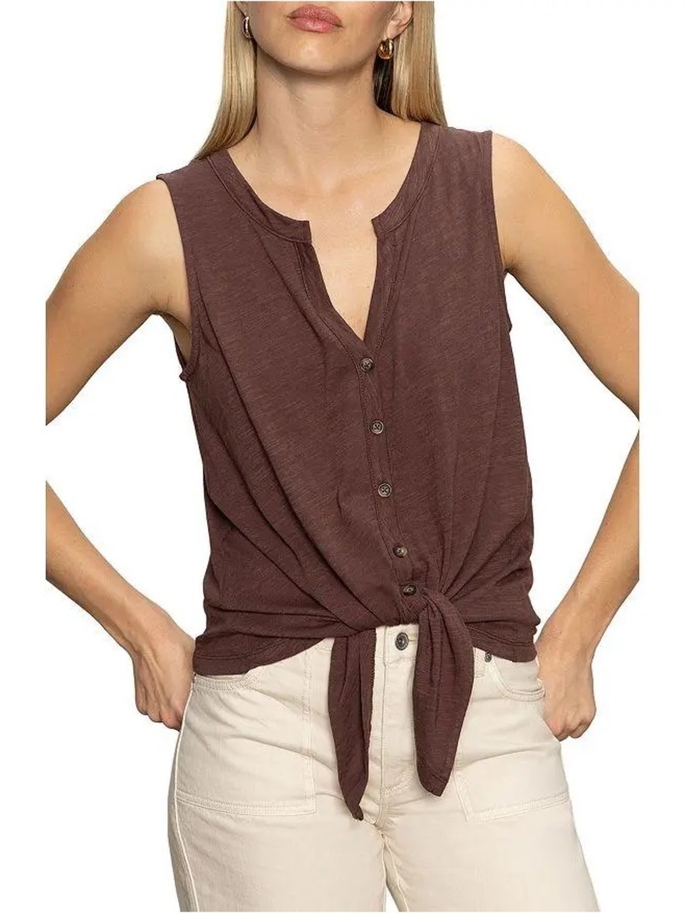 Sanctuary Brown Button-Front Tie Sleeveless Camisole